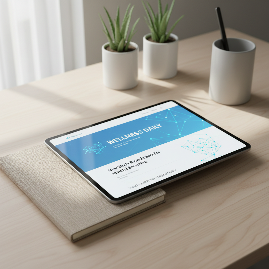 A modern, streamlined digital tablet displaying a health news website interface with crisp, blue-infused graphics and a subtle, abstract heart icon, resting atop a closed notebook with textured beige cover on a tidy wooden desk. Minimalist plants in white ceramic pots and a matte ceramic pen holder are visible in the blurred background for organic contrast. Soft natural daylight from a nearby window bathes the setting, producing smooth highlights on the screen and gentle, shadowed corners, fostering a calm, focused atmosphere. Shot from a slightly elevated angle with rule-of-thirds composition, the imagery conveys organization, clarity, and professionalism, embodying the blog’s trustworthy approach.